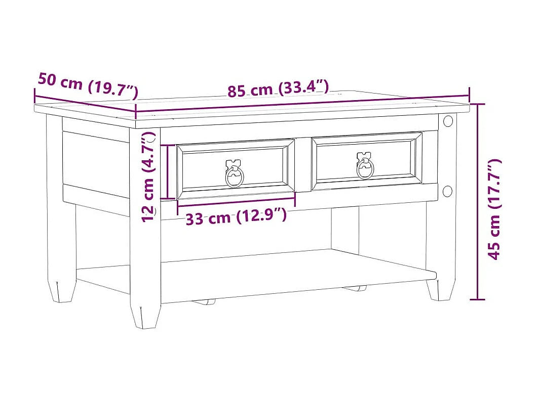 Table basse avec tiroirs Corona 85x50x45 cm bois de pin massif