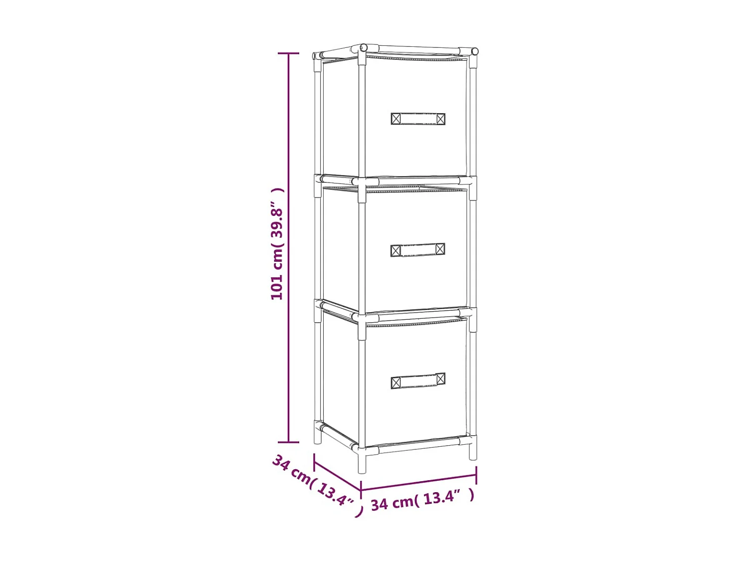 Armoire de rangement 3 tiroirs en tissu Gris 34x34x101 cm Acier