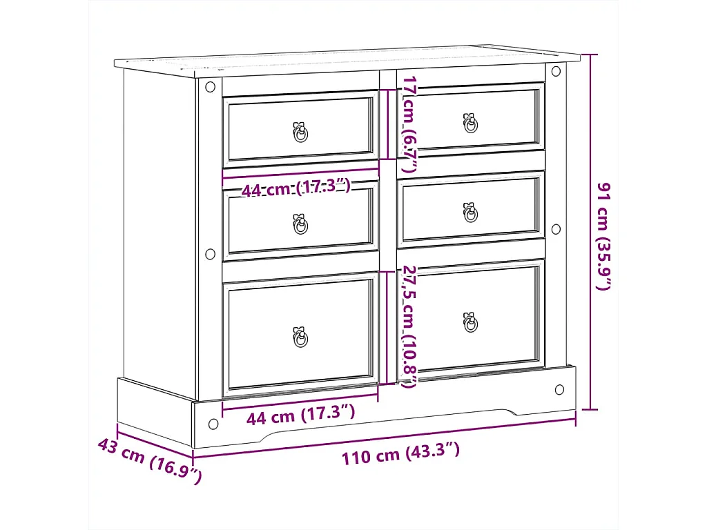 Ladekast Corona 110x43x91 cm massief grenenhout