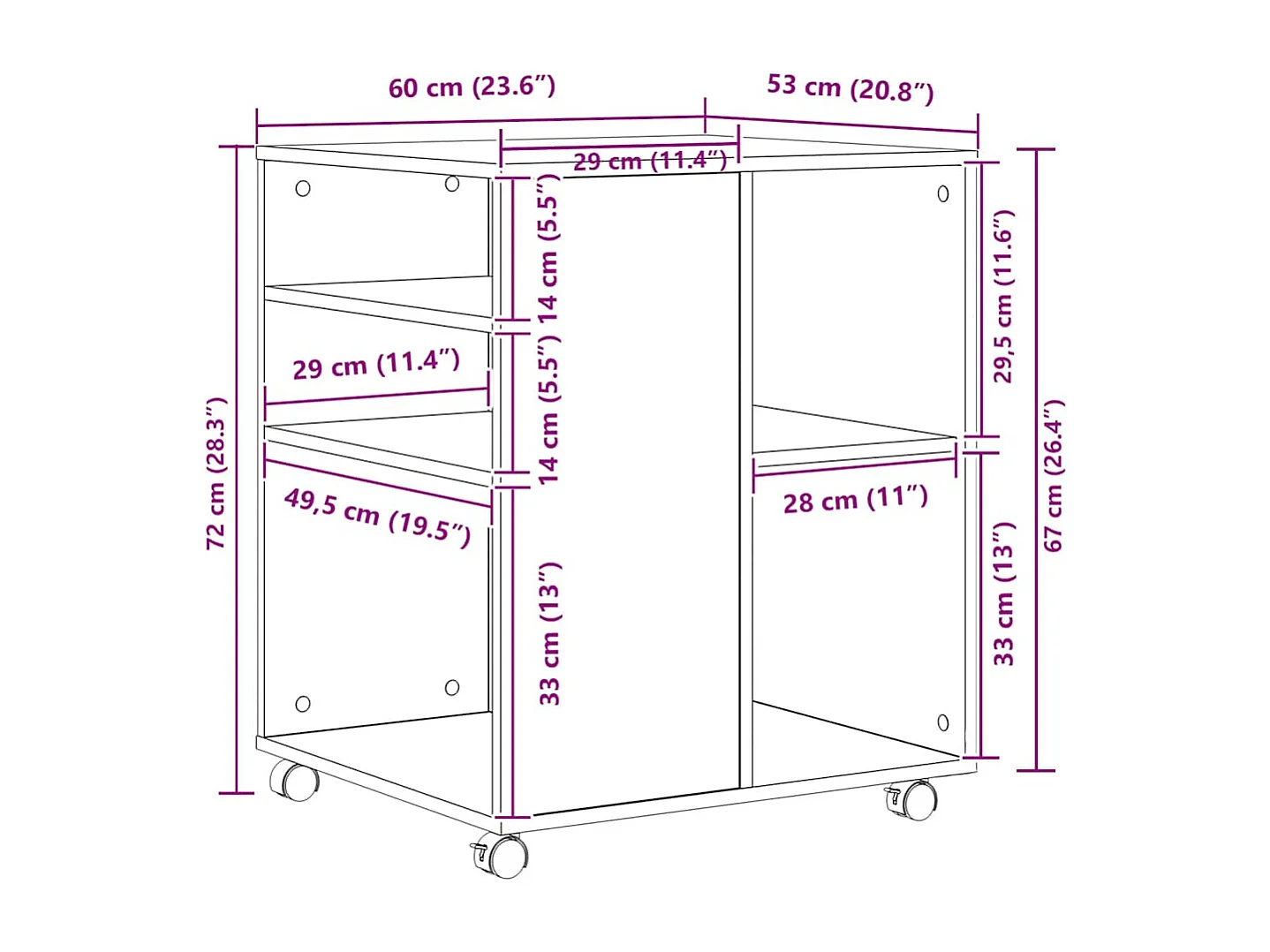 Rolkast 60x53x72 cm bewerkt hout grijs sonoma eiken