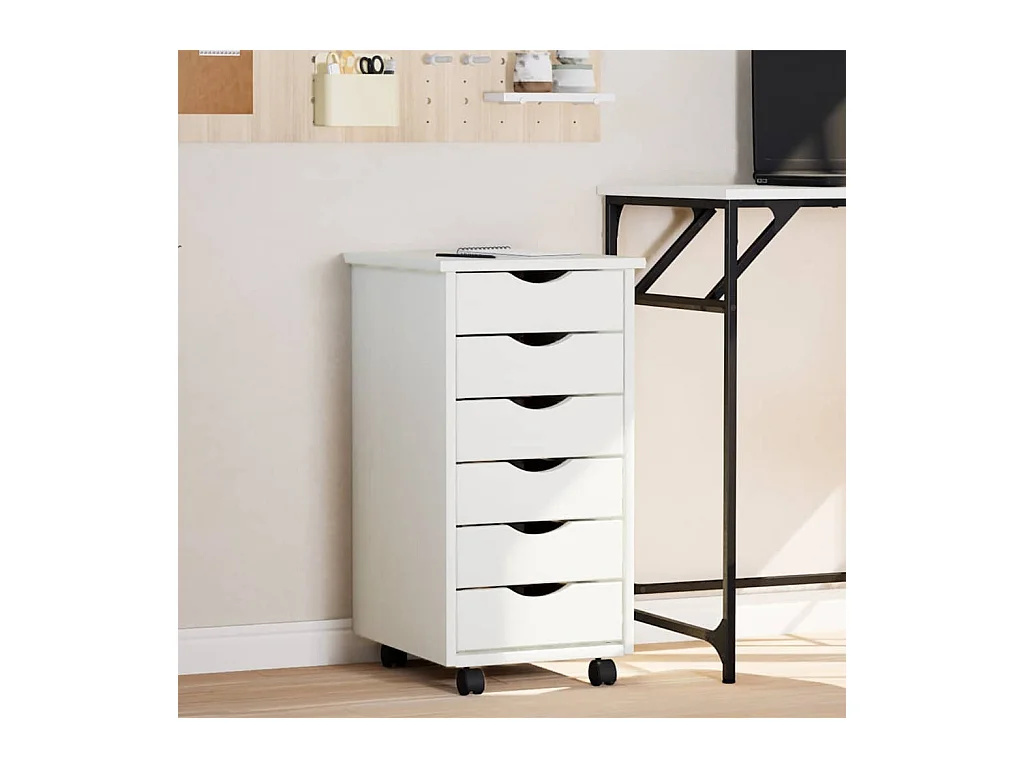 Armoire roulante avec tiroirs MOSS blanc bois de pin solide