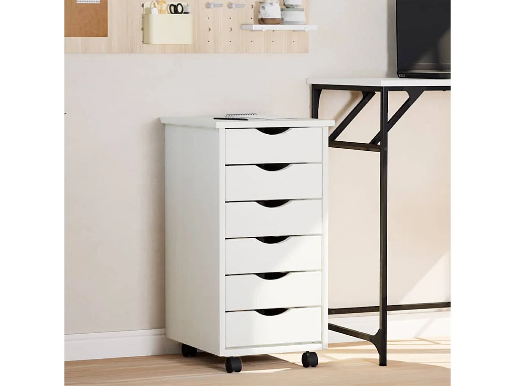Armoire roulante avec tiroirs MOSS blanc bois de pin solide
