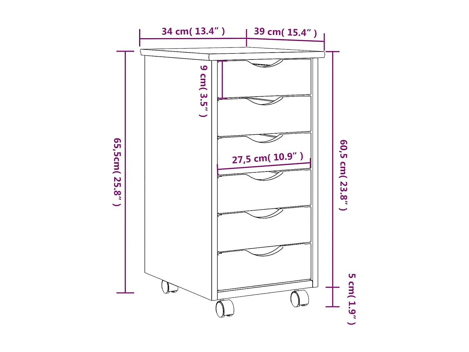 Armoire roulante avec tiroirs MOSS blanc bois de pin solide