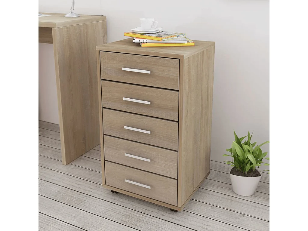 Caisson à tiroir de bureau avec roulettes 5 tiroirs Chêne