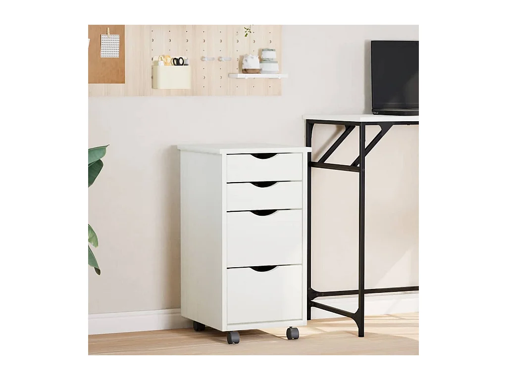 Armoire roulante avec tiroirs MOSS blanc bois de pin solide