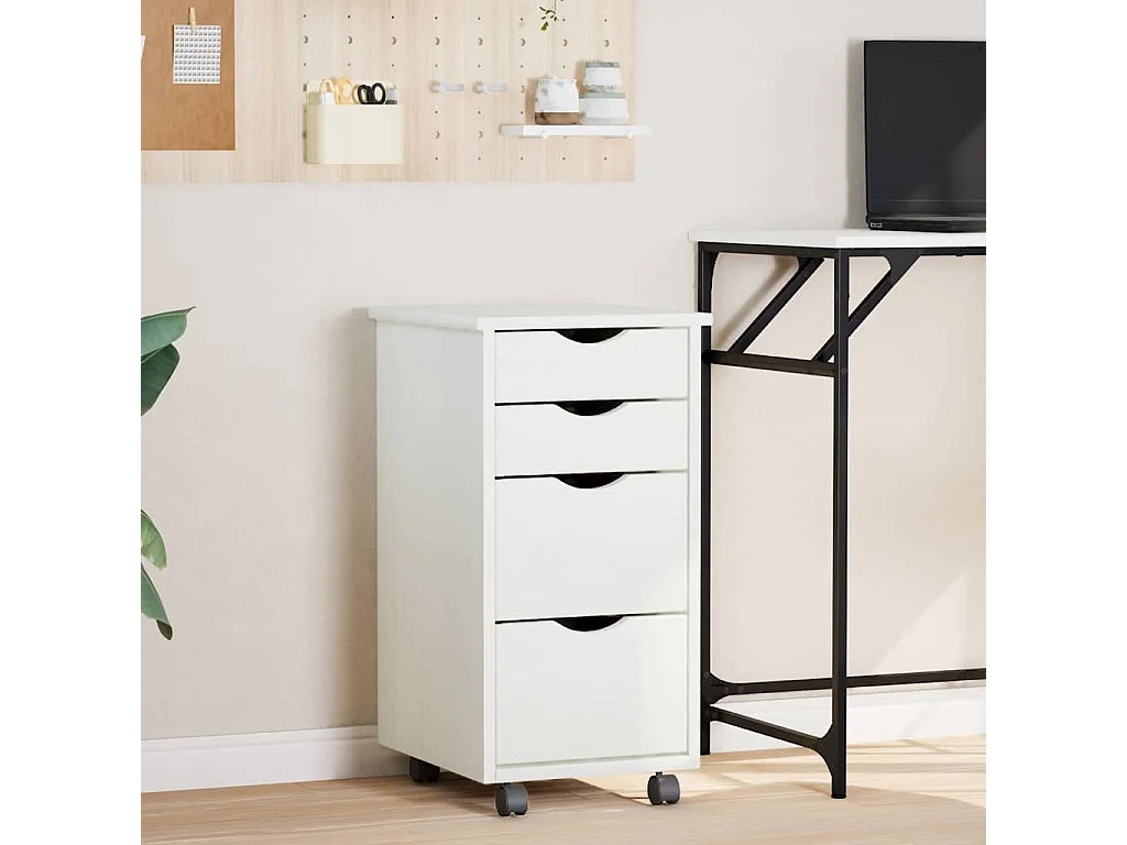 Armoire roulante avec tiroirs MOSS blanc bois de pin solide