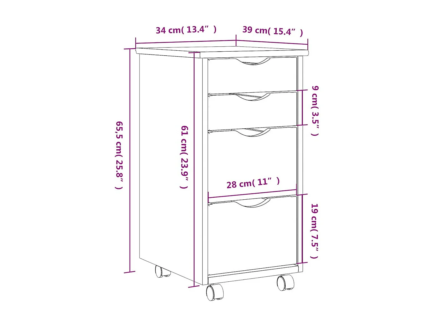 Armoire roulante avec tiroirs MOSS blanc bois de pin solide