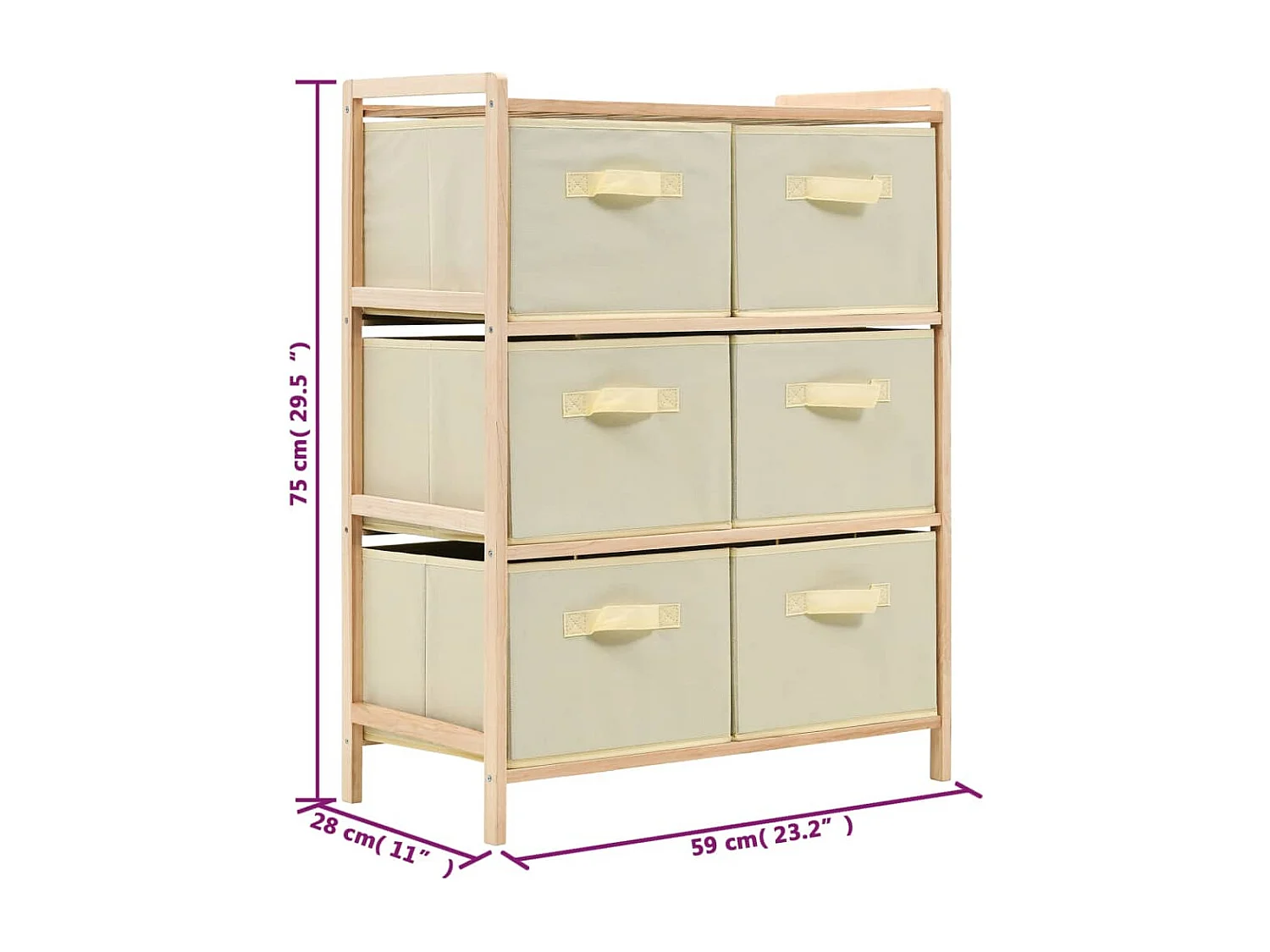 Étagère de rangement 6 paniers Tissu Bois de cèdre Beige