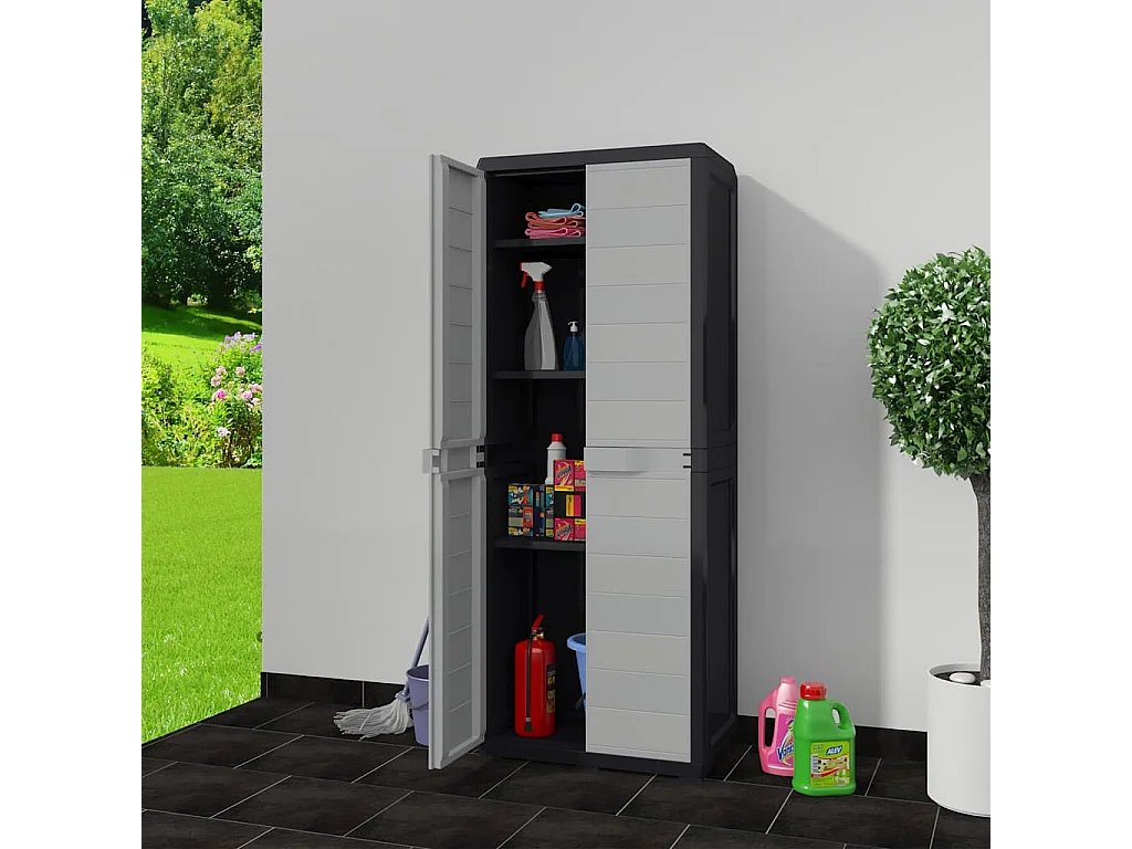 Armário arrumação para jardim c/ 3 prateleiras preto e cinzento