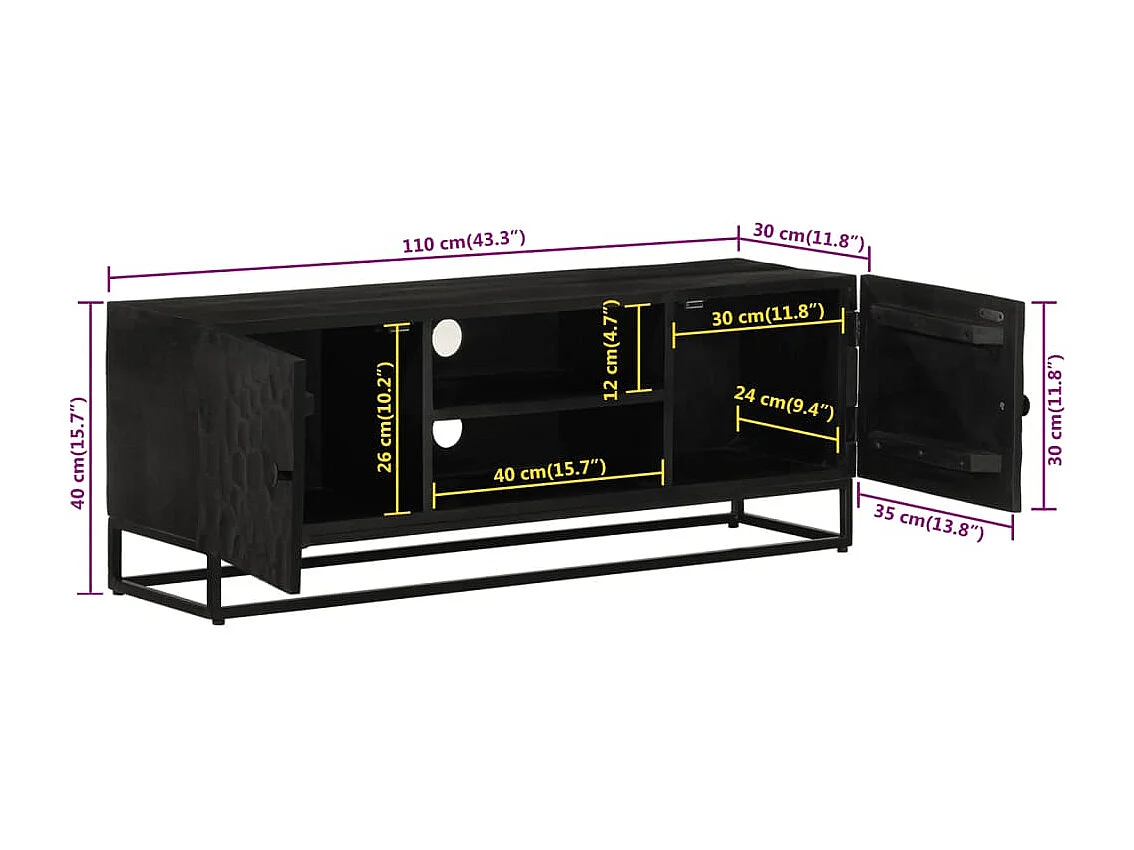 Mobile TV Nero 110x30x40 cm in Legno Massello di Mango e Ferro