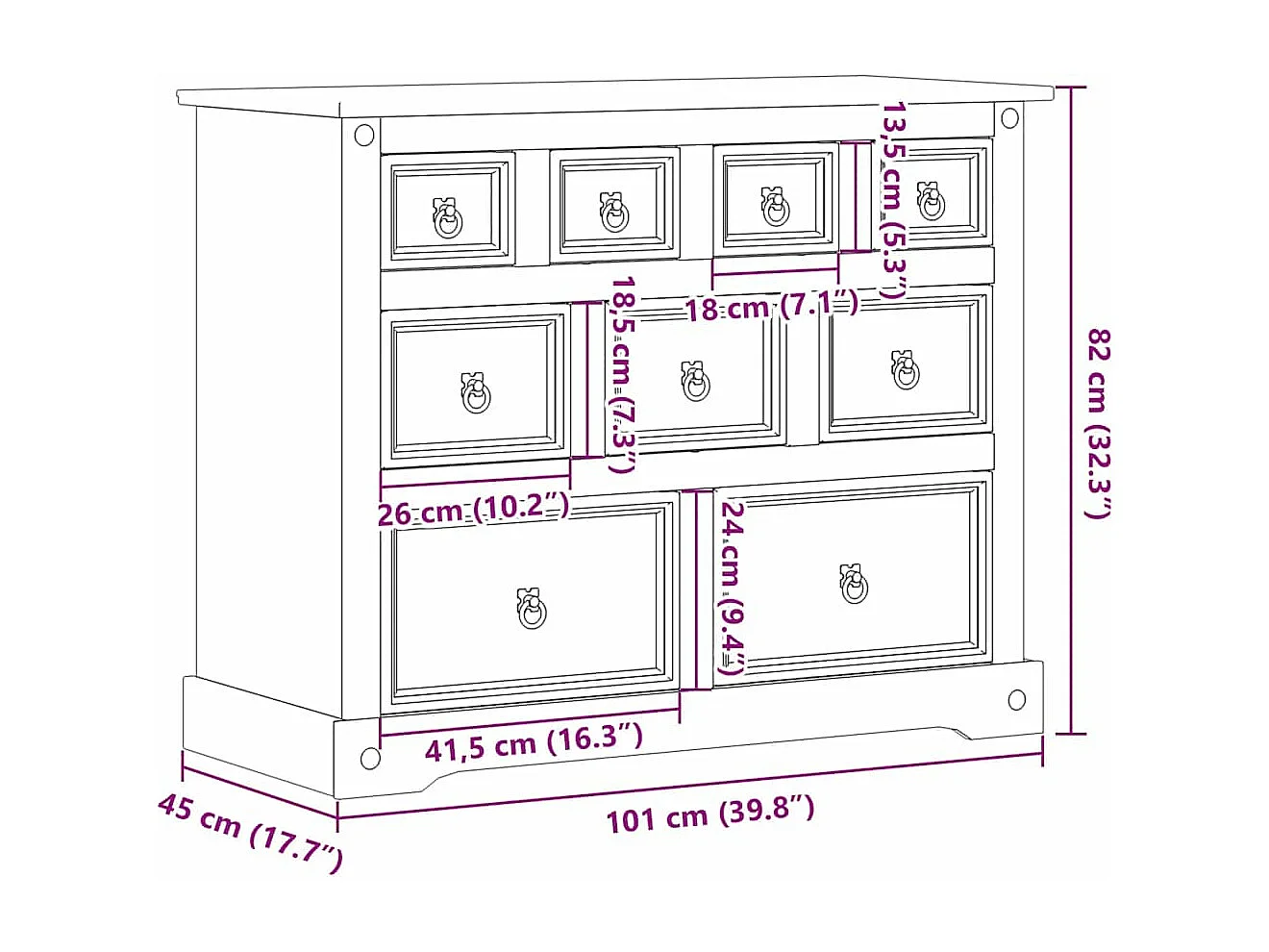 Commode Corona 101x45x82 cm bois massif de pin