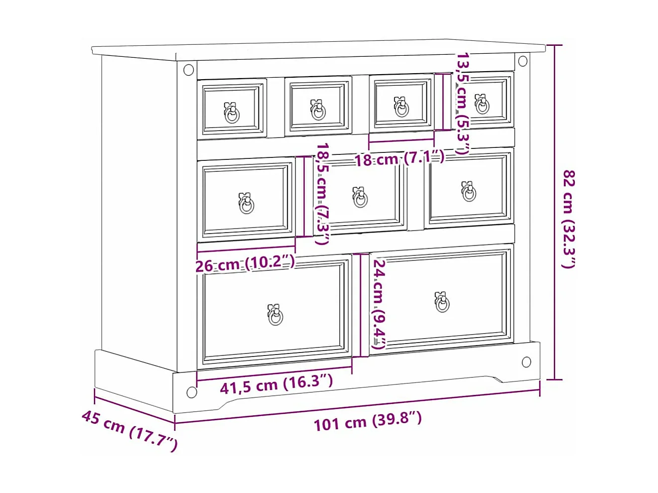 Commode Corona 101x45x82 cm bois massif de pin