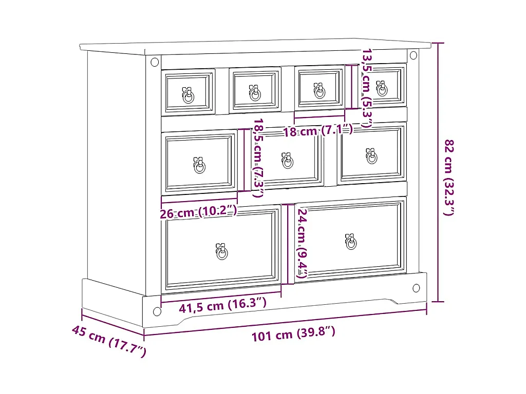Ladekast Corona 101x45x82 cm massief grenenhout