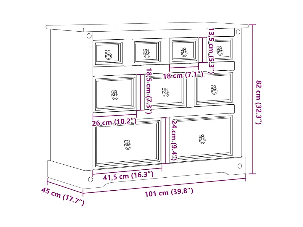 Ladekast Corona 101x45x82 cm massief grenenhout