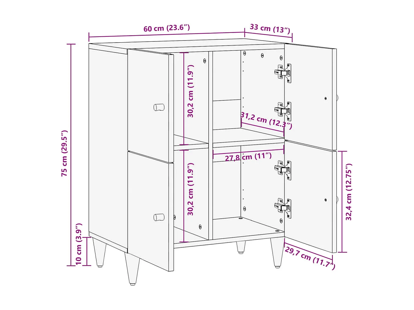 Armoire latérale 60x33x75 cm bois massif de manguier