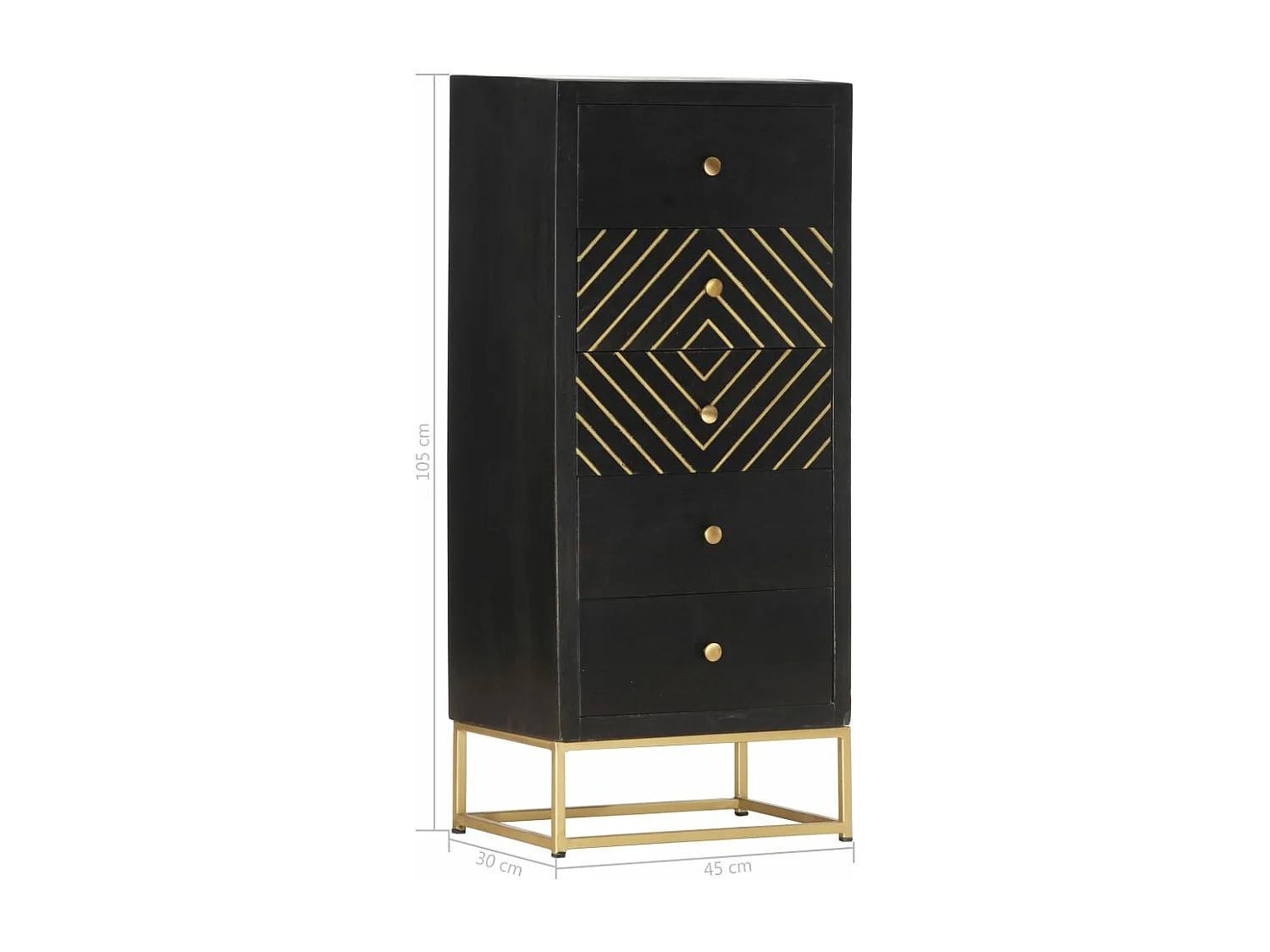 Armoire à tiroirs Noir et doré 45x30x105 cm Bois de manguier