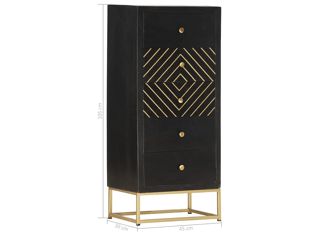 Armoire à tiroirs Noir et doré 45x30x105 cm Bois de manguier
