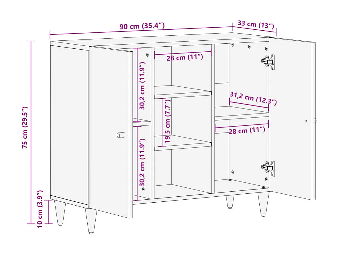 Armoire latérale 90x33x75 cm bois massif de manguier