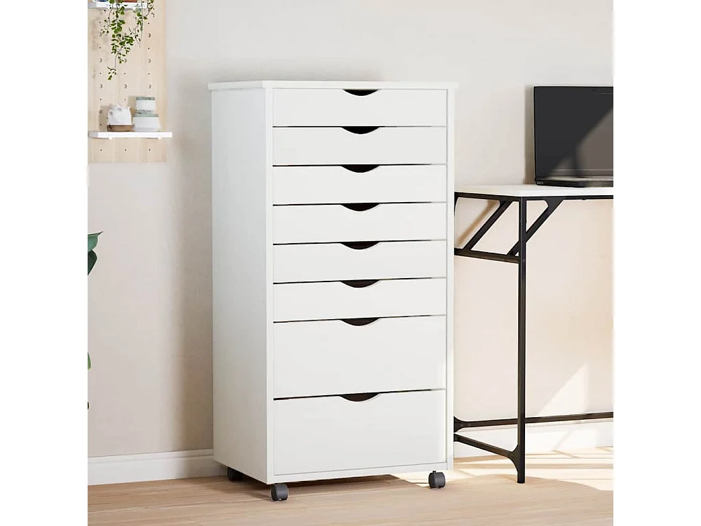 Armoire roulante avec tiroirs MOSS blanc bois de pin solide