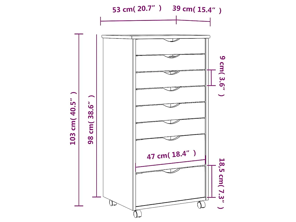Armoire roulante avec tiroirs MOSS blanc bois de pin solide