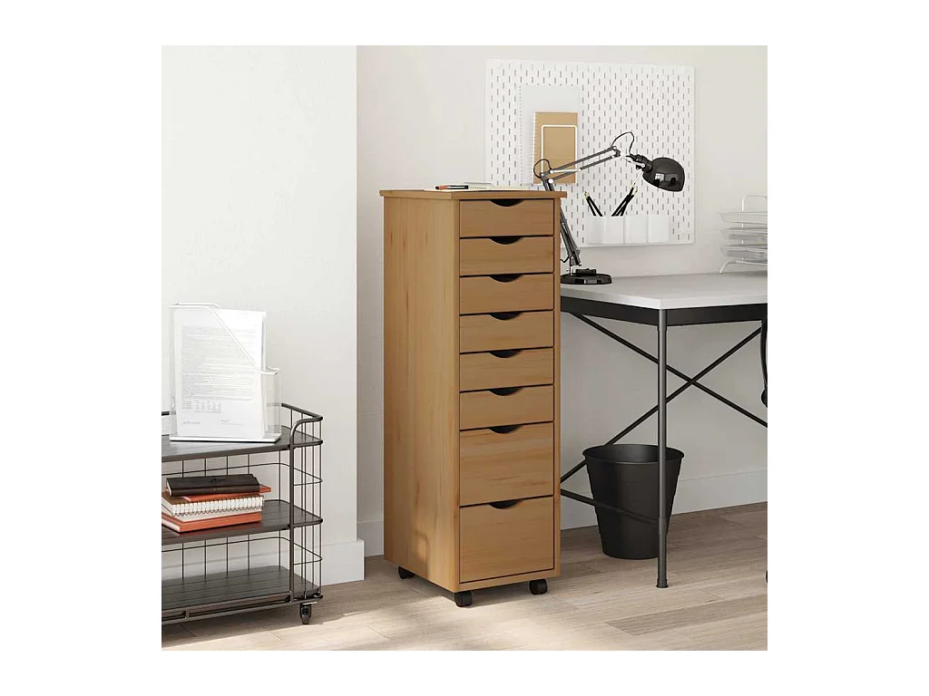 Armoire roulante avec tiroirs MOSS bois de pin marron miel