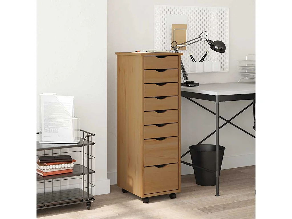 Armoire roulante avec tiroirs MOSS bois de pin marron miel