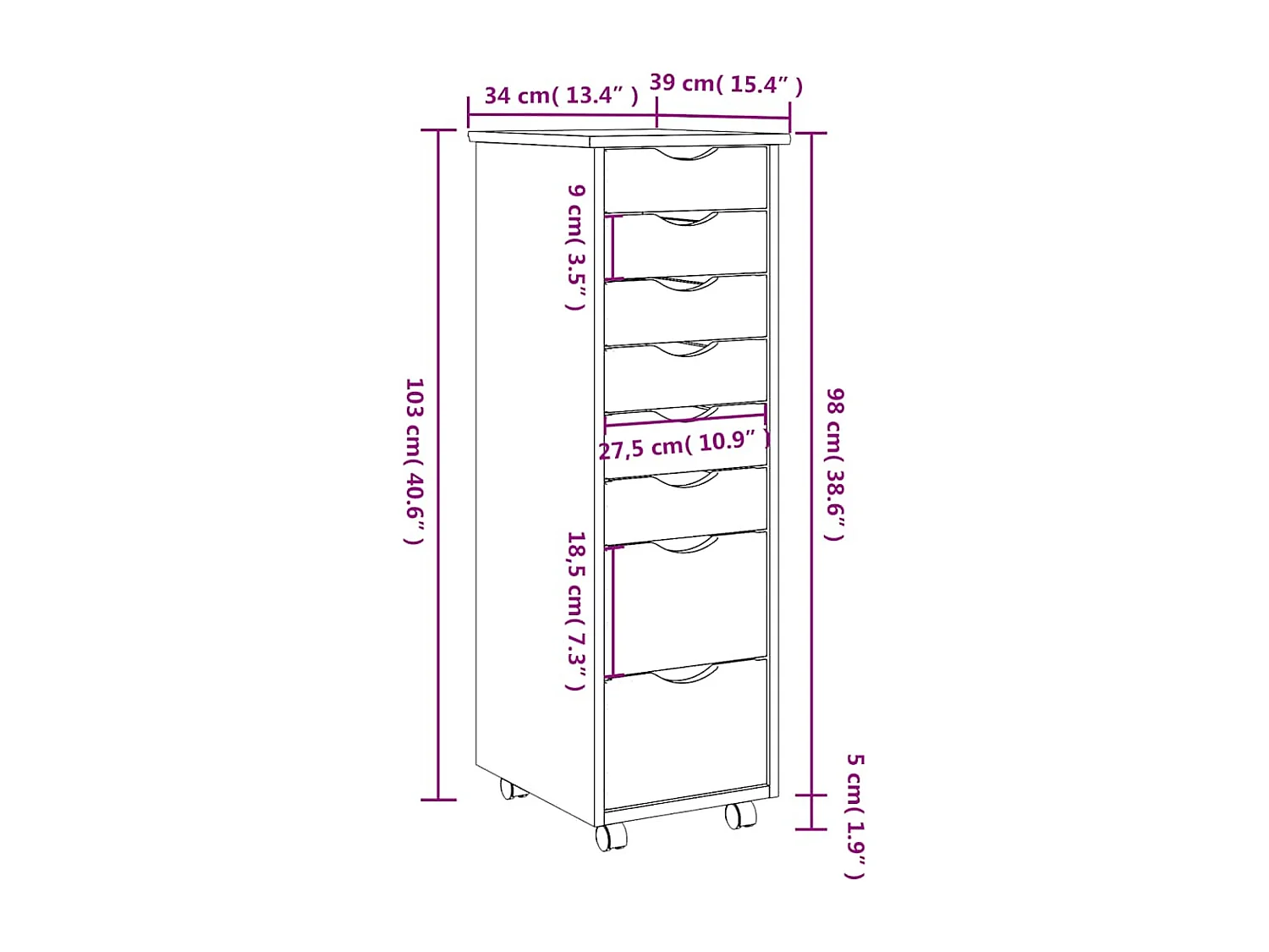 Armoire roulante avec tiroirs MOSS bois de pin marron miel