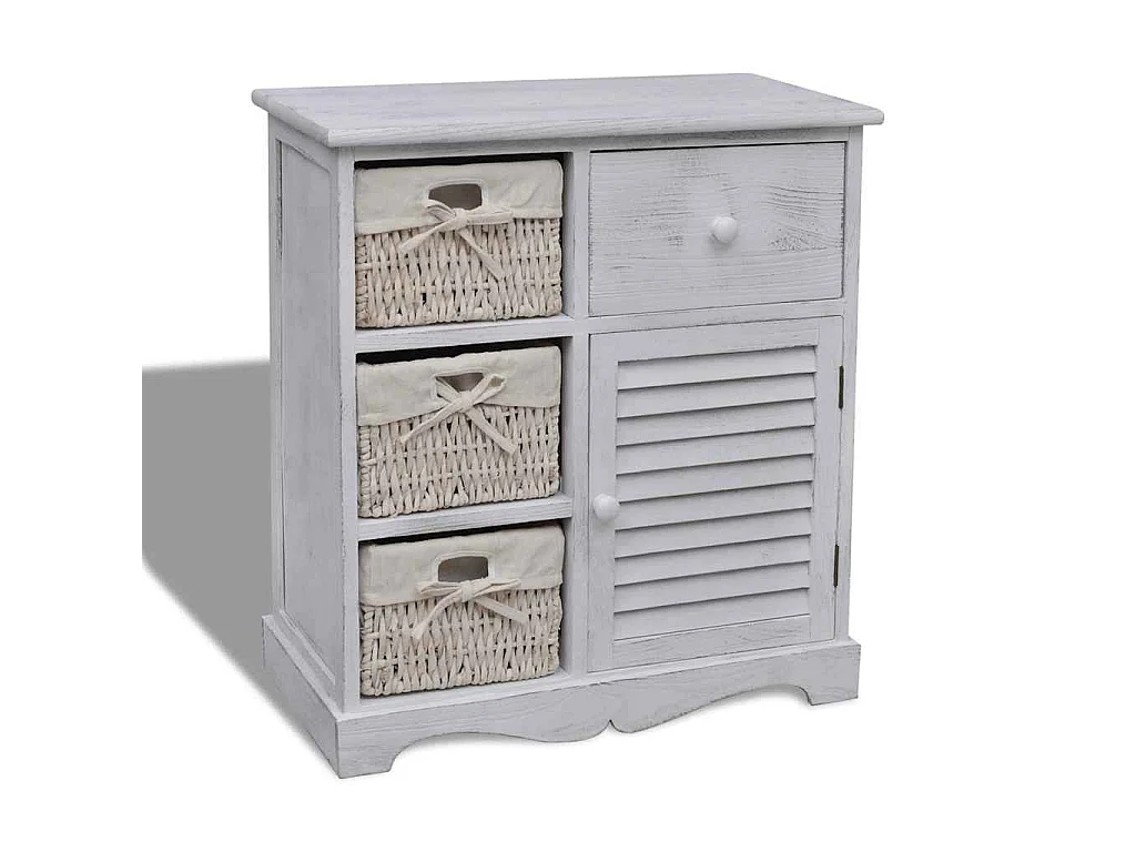Armoire en bois 3 paniers gauches en tissage Blanc