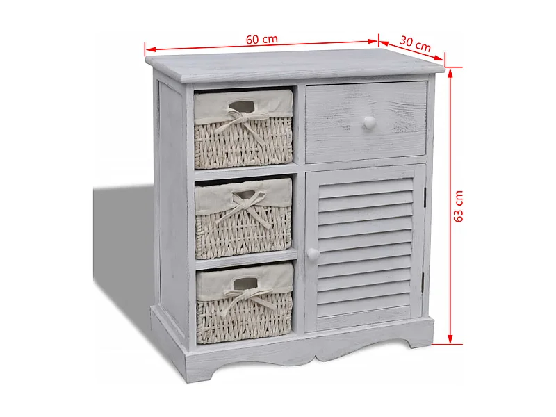 Armoire en bois 3 paniers gauches en tissage Blanc