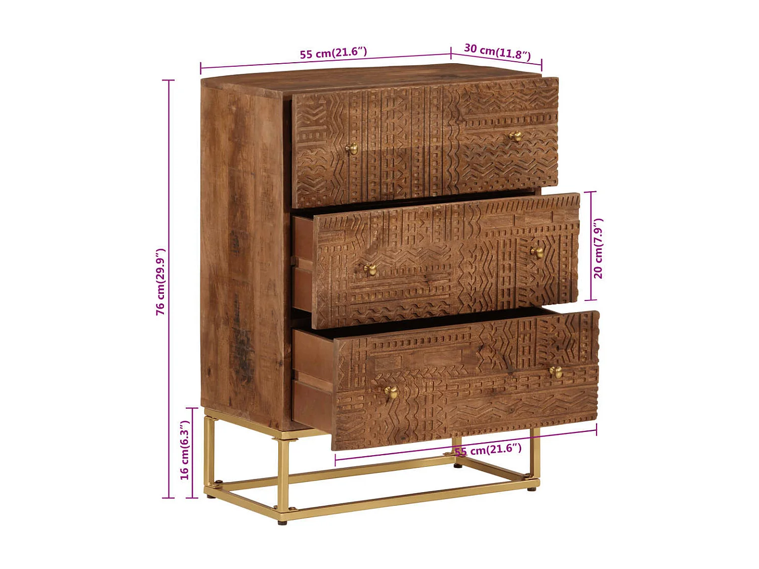 Cassettiera 55x30x76 cm in Legno Massello di Mango e Ferro
