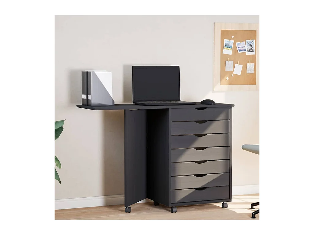 Armoire roulante avec bureau MOSS gris bois de pin solide