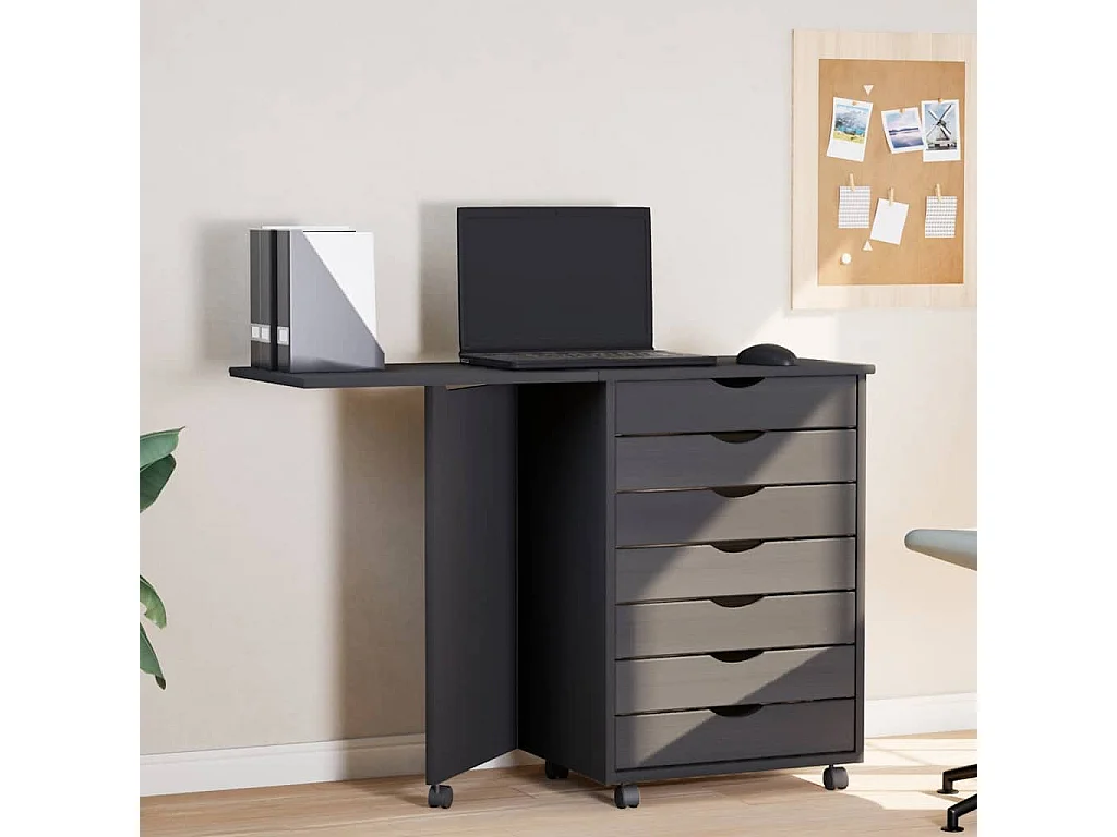 Armoire roulante avec bureau MOSS gris bois de pin solide
