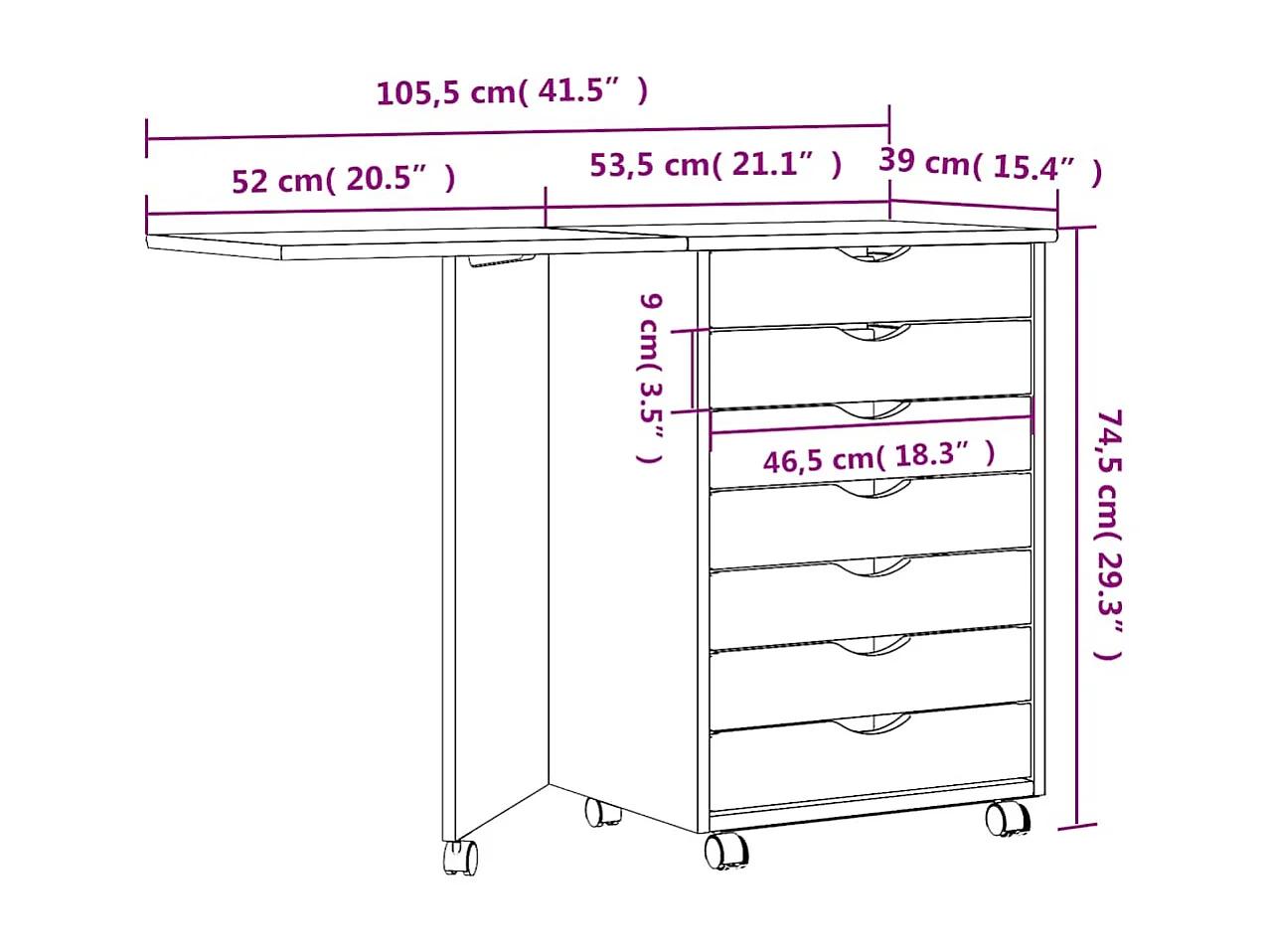 Armoire roulante avec bureau MOSS gris bois de pin solide