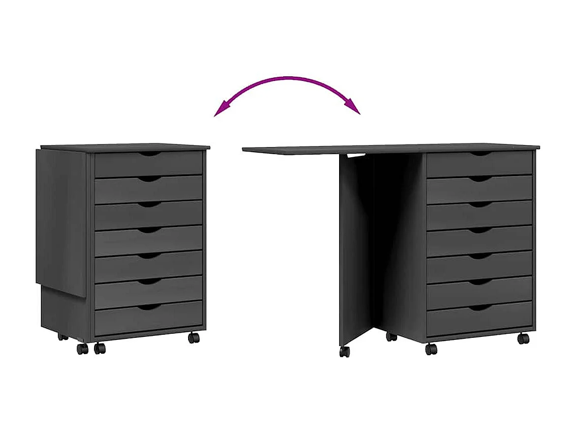 Armoire roulante avec bureau MOSS gris bois de pin solide