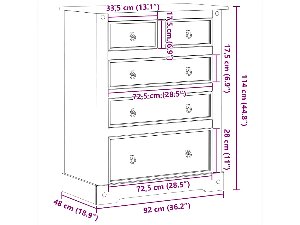 Ladekast Corona 92x48x114 cm massief grenenhout
