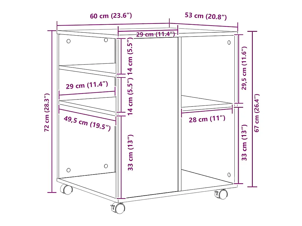 Armoire roulante Chêne marron 60x53x72 cm Bois d'ingénierie