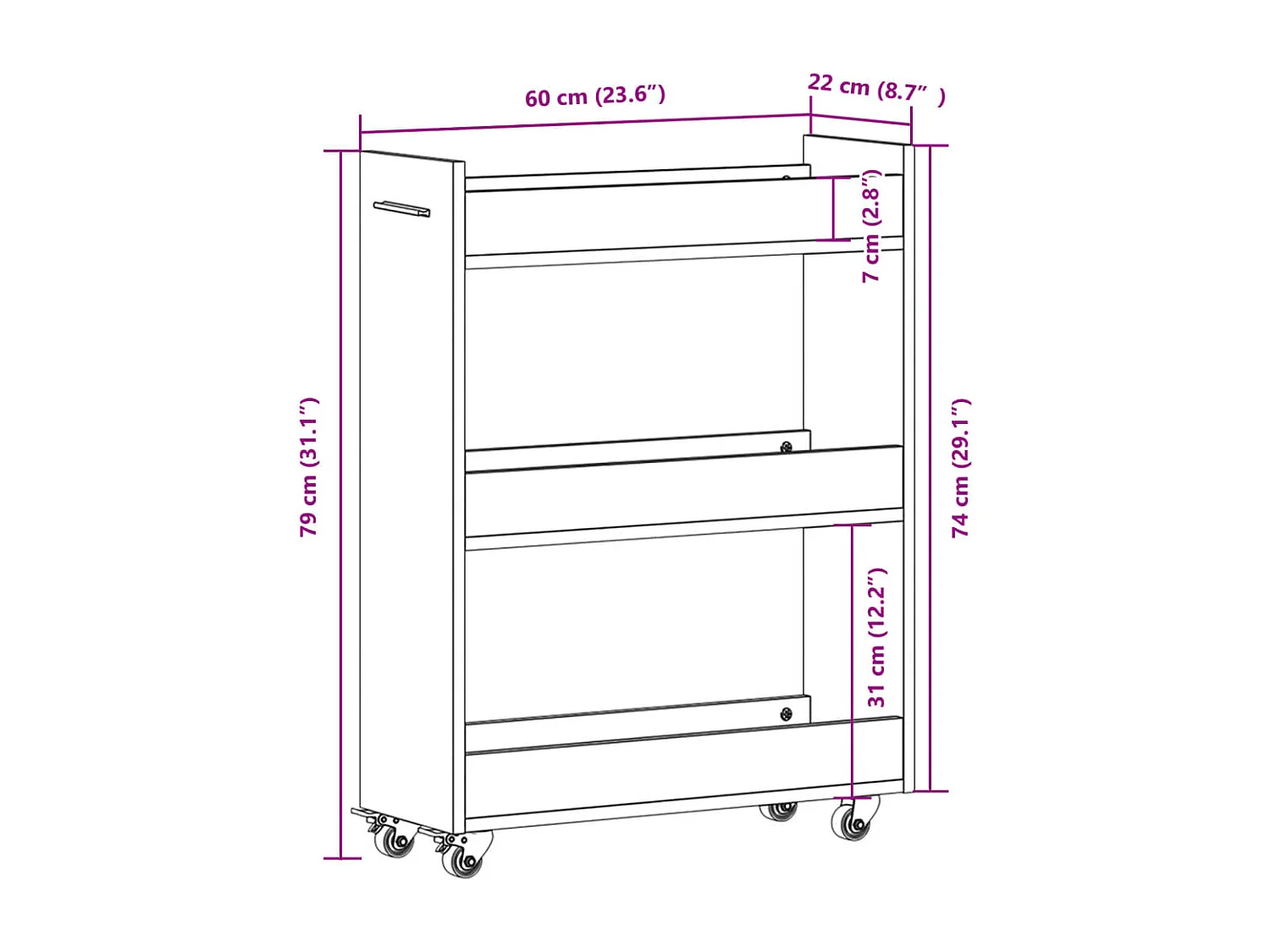 Schrank mit Rollen Weiß 60x22x79 cm Holzwerkstoff