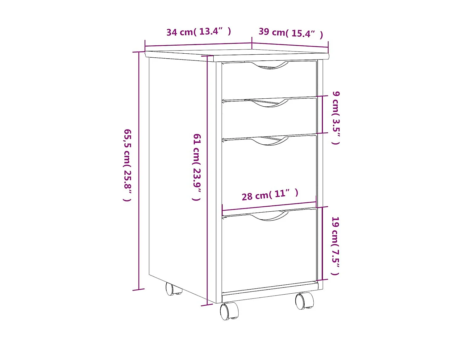 Armoire roulante avec tiroirs MOSS gris bois de pin solide