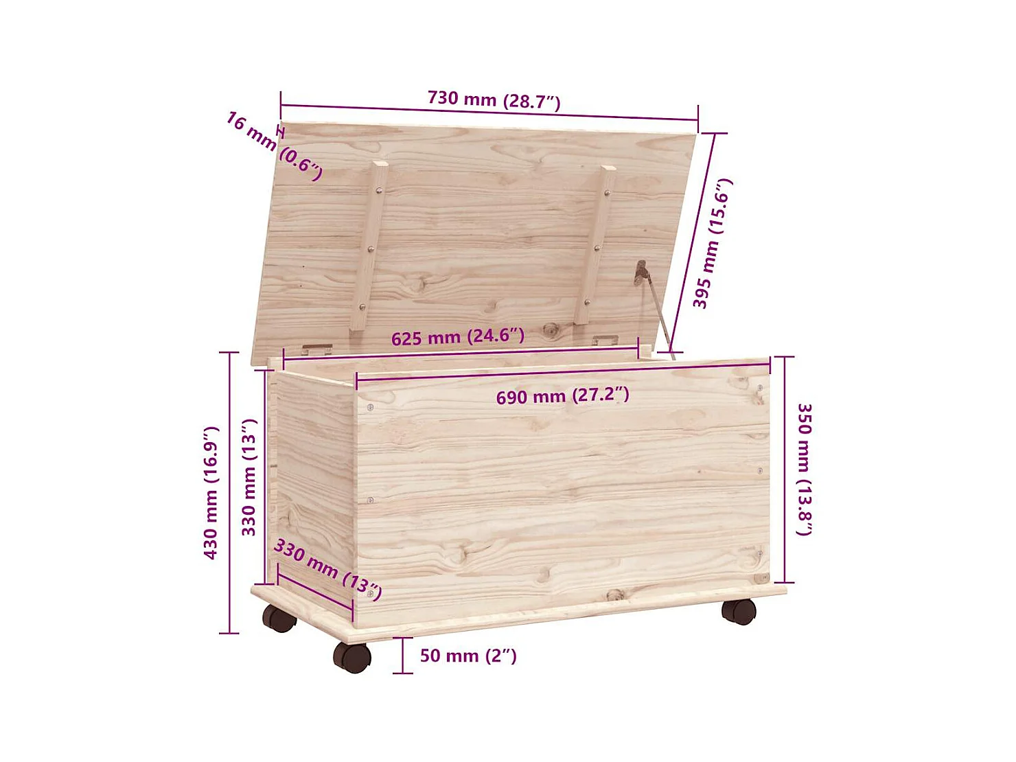 Coffre de rangement à roulettes ALTA 73x39,5x43 cm bois de pin