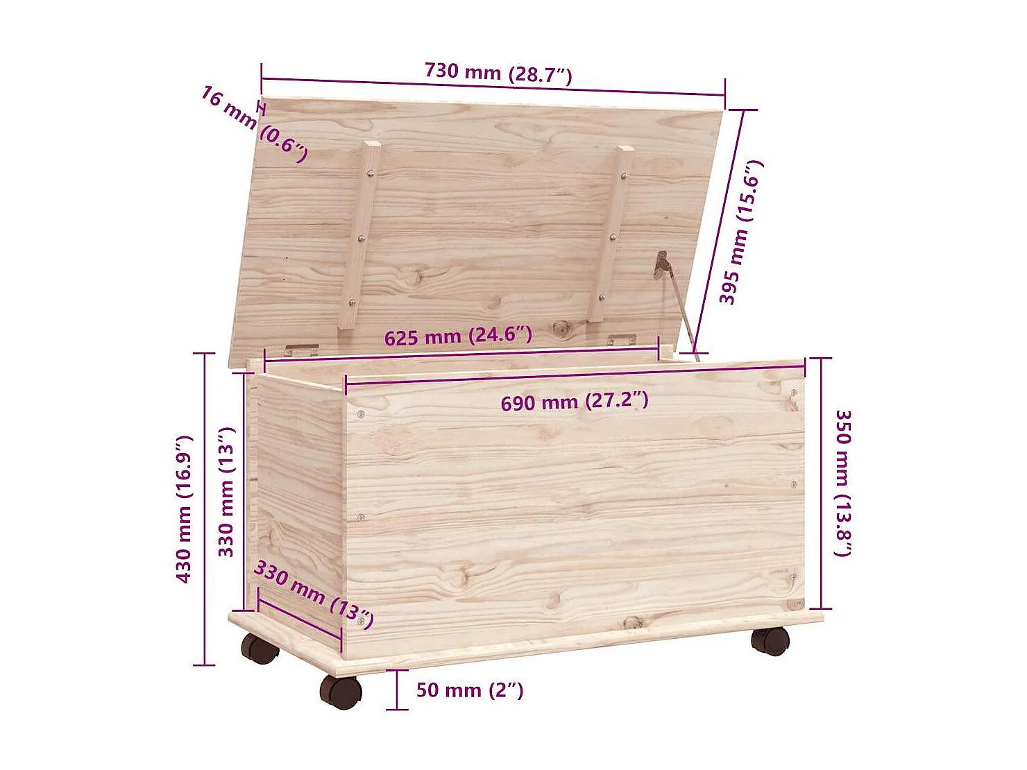 Coffre de rangement à roulettes ALTA 73x39,5x43 cm bois de pin