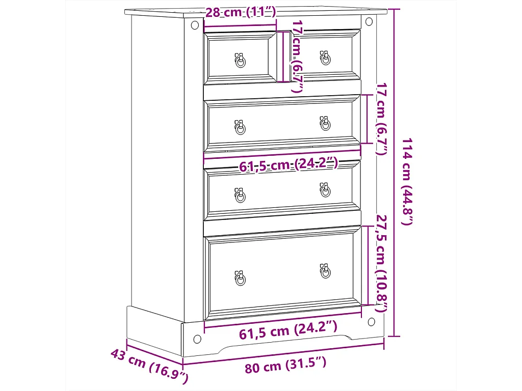 Commode Corona 80x43x114 cm bois massif de pin