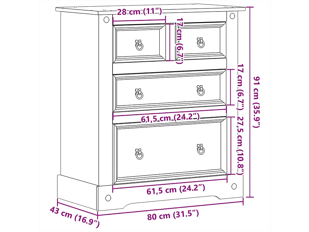 Cassettiera Corona 80x43x91 cm in Legno Massello di Pino