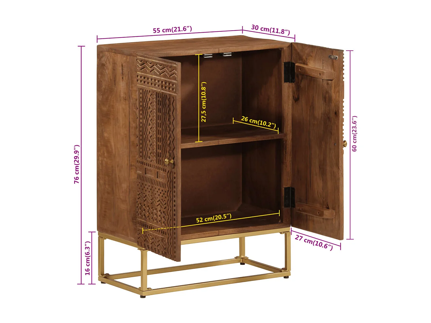 Buffet noir 55x30x76 cm bois massif de manguier et fer