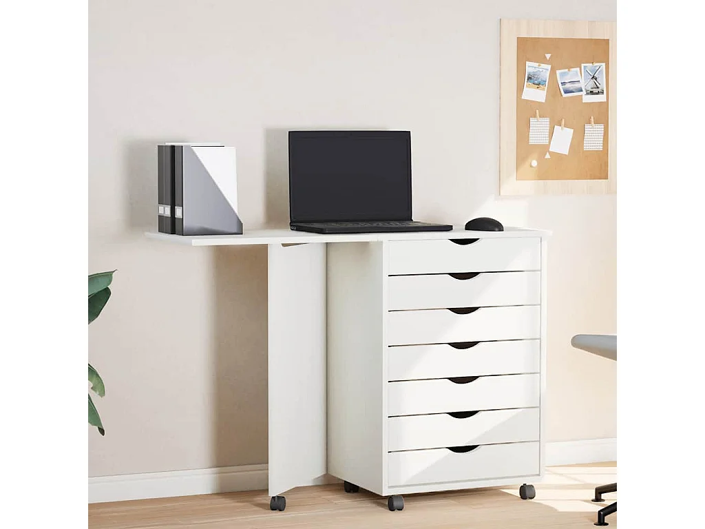 Armoire roulante avec bureau MOSS blanc bois de pin solide