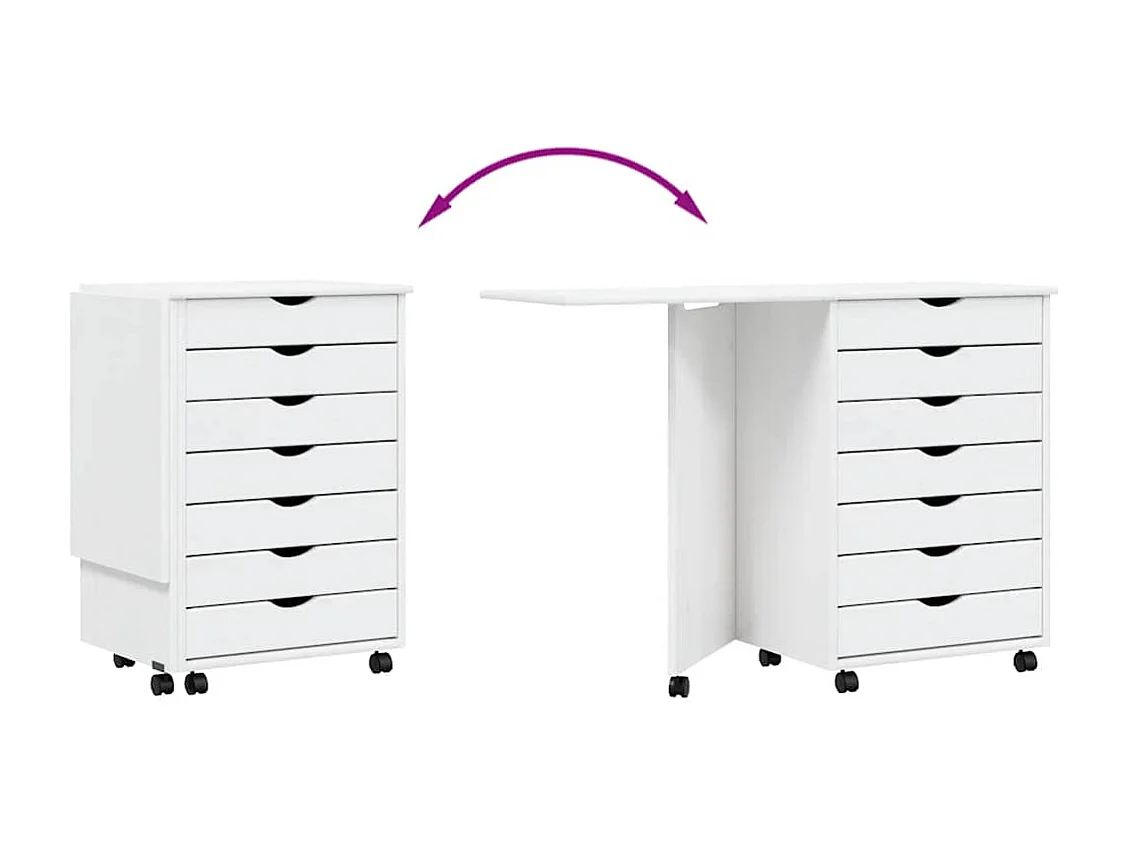 Armoire roulante avec bureau MOSS blanc bois de pin solide