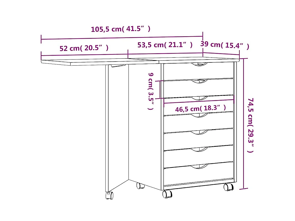 Ladekast met bureau MOSS verrijdbaar massief grenenhout wit