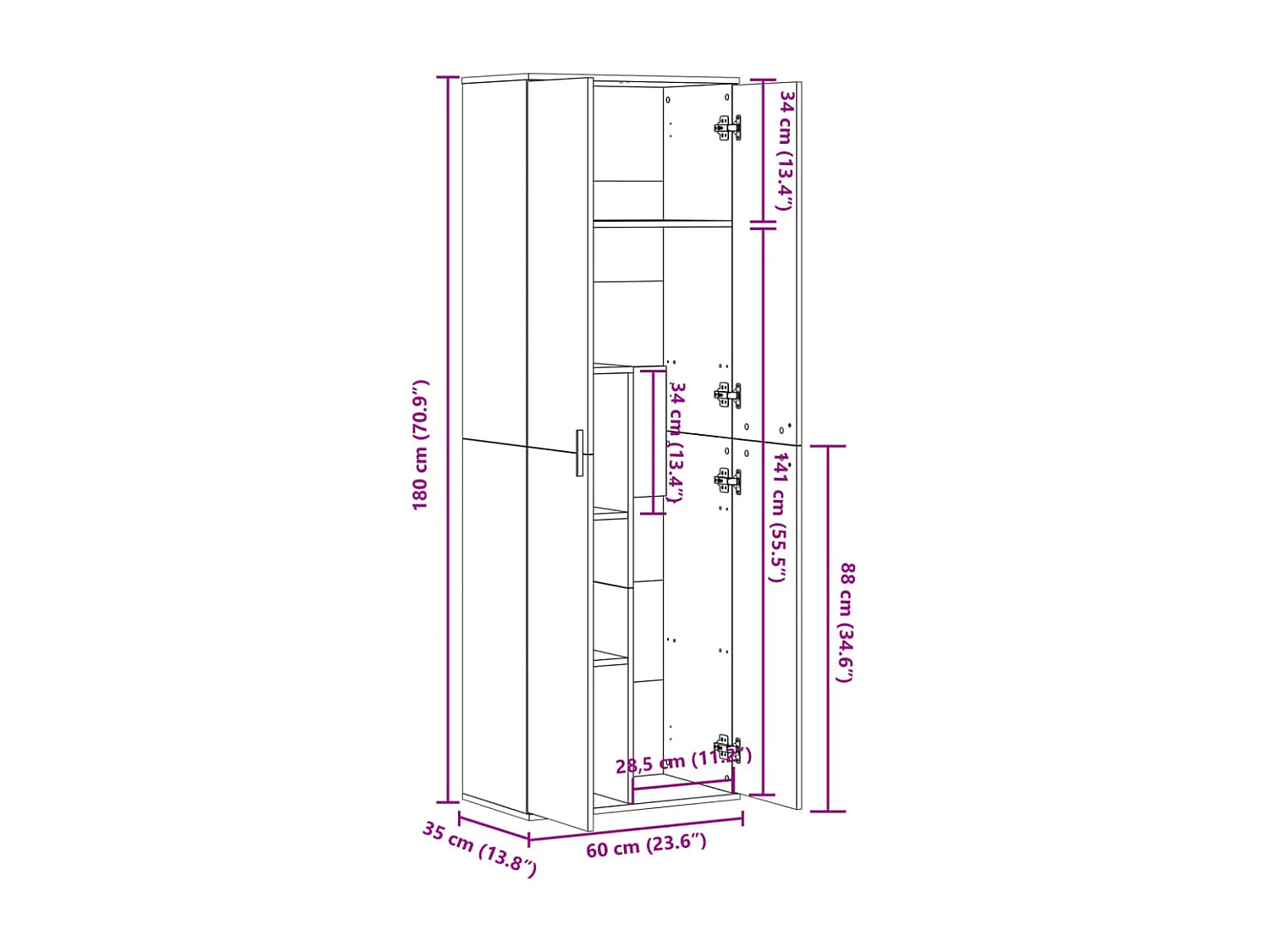Hoge kast 60x35x180 cm bewerkt hout wit
