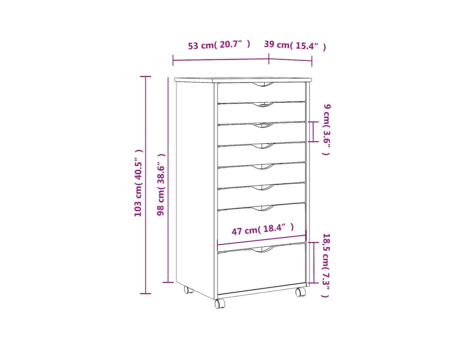 Armoire roulante avec tiroirs MOSS gris bois de pin solide