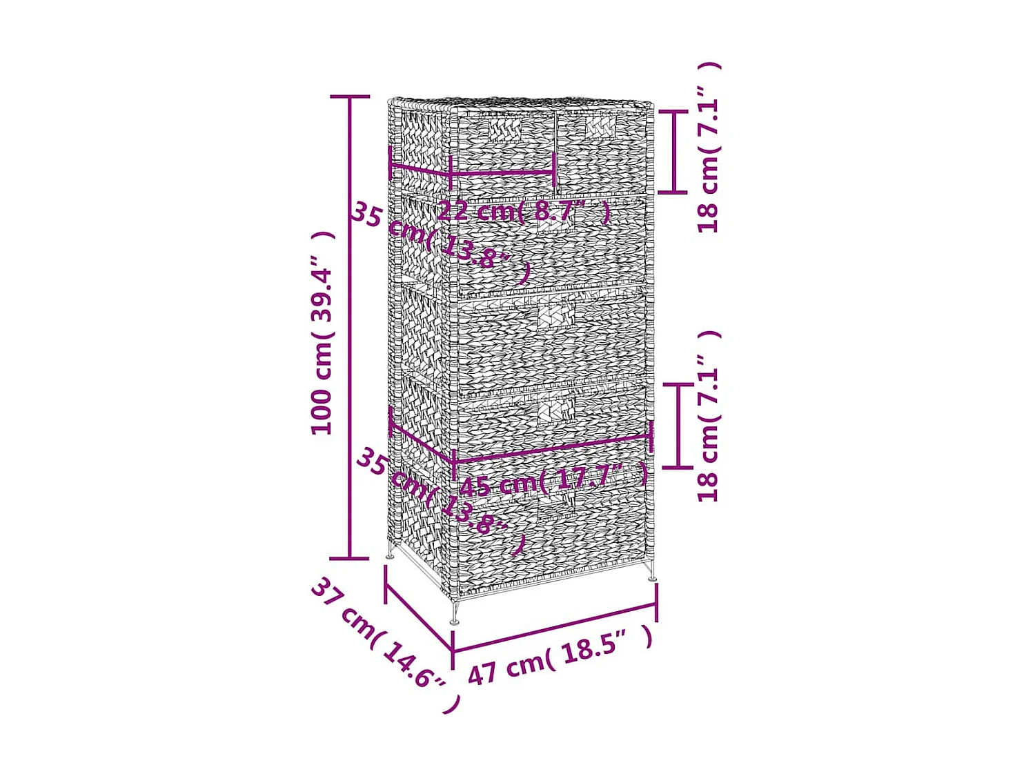 Unidade de arrumação com 6 cestos 47x37x100 cm jacinto de água