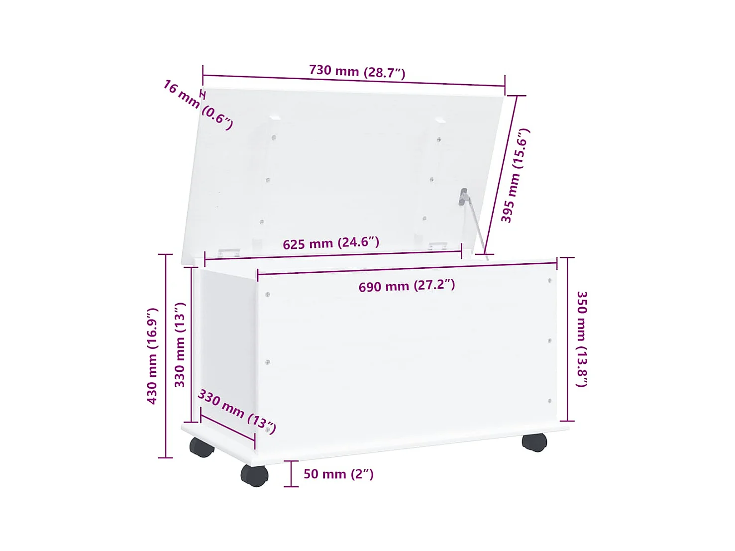 Coffre de rangement et roulettes ALTA blanc 73x39,5x43 cm